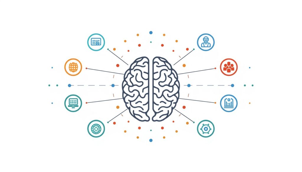 Cerebro con íconos de inteligencia artificial